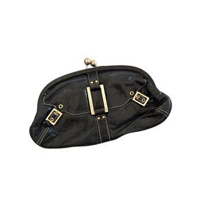 CHARLES DAVID Black Leather Gold Kisslock Clutch Bag